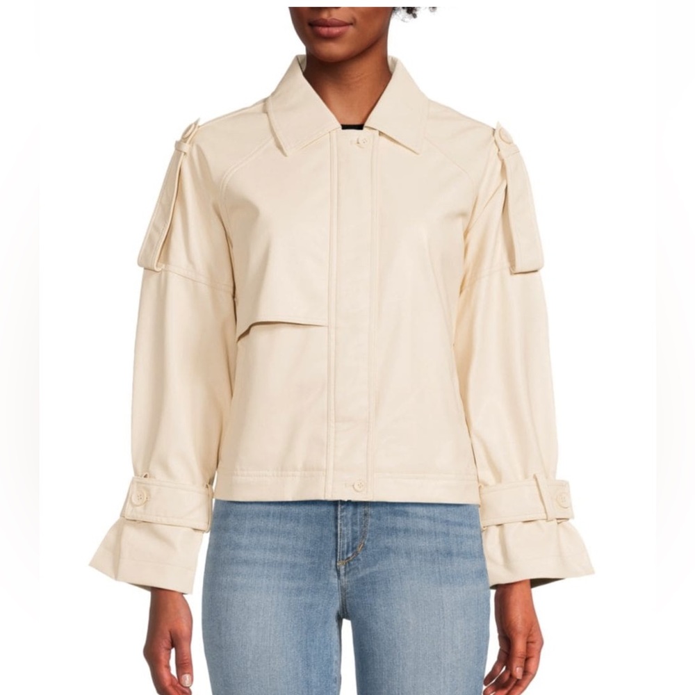 DKNY Drop Shoulder Faux Leather Cream Jacket